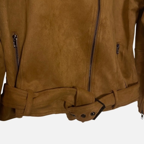 NWT Faux Suede Camel Moto Jacket Zip Belted Biker Style Epaulet Stretch Women L - Picture 3 of 8